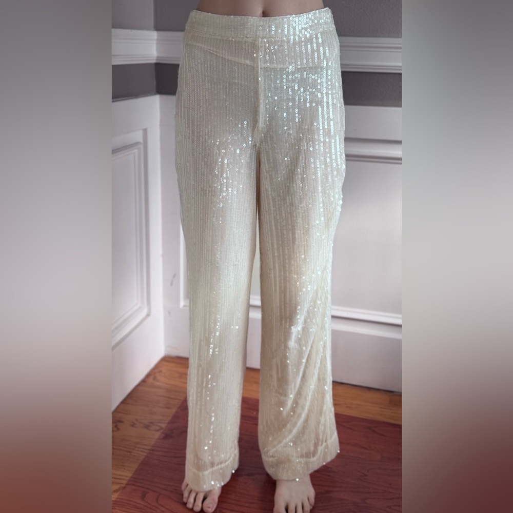 NWT House Of Harlow Ivory Sequin Wide Leg Pants Lined Party Size 6 and Size 2